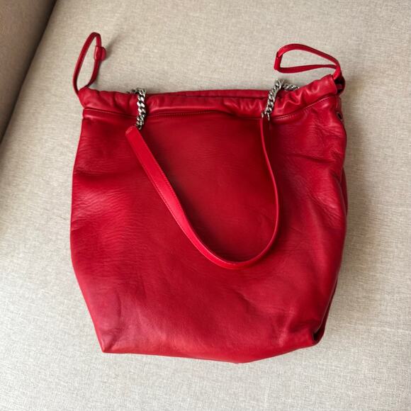 Saint Laurent Teddy Red Leather Bucket Bag NEW Silver YSL Logo Shoulder Bag - Picture 5 of 9
